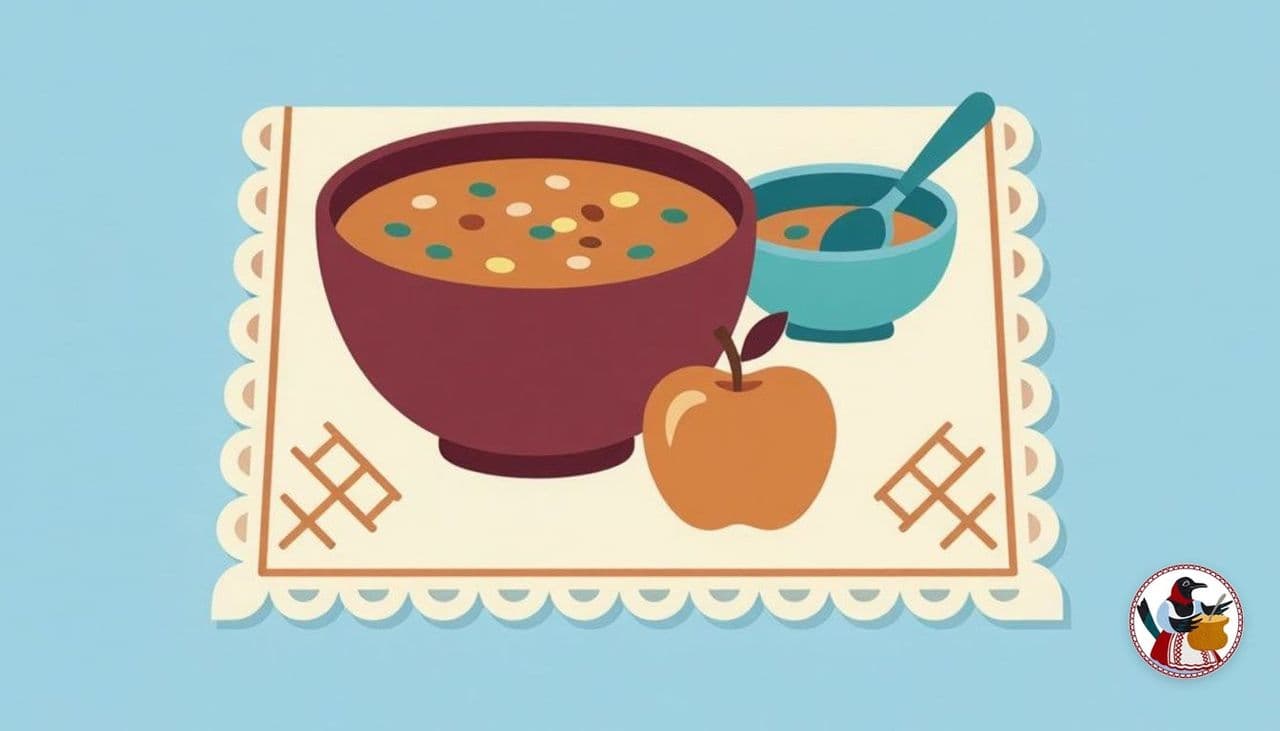 Бордовый горшок с супом, маленькая детская мисочка с ложкой и яблоко на вышитом полотенце