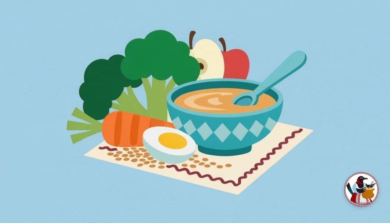 Детская миска с пюре и ложечкой, рядом брокколи, морковь, яблоко и яйцо на вышитом полотенце
