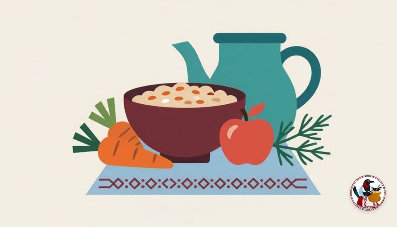 Миска тёплой каши, кувшин с питьём, морковь и яблоко на вышитом полотенце на молочном фоне